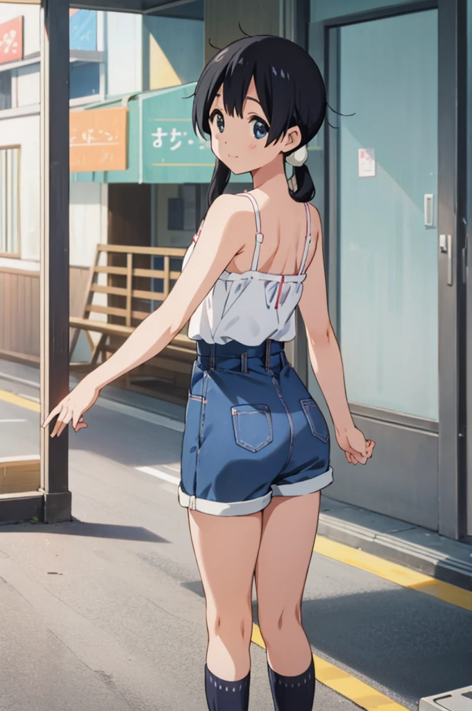 solo, 1girl, tamako kitashirakawa, , looking at viewer, smile, ,,outdoor,socks,camisole,high waist shorts,,from back