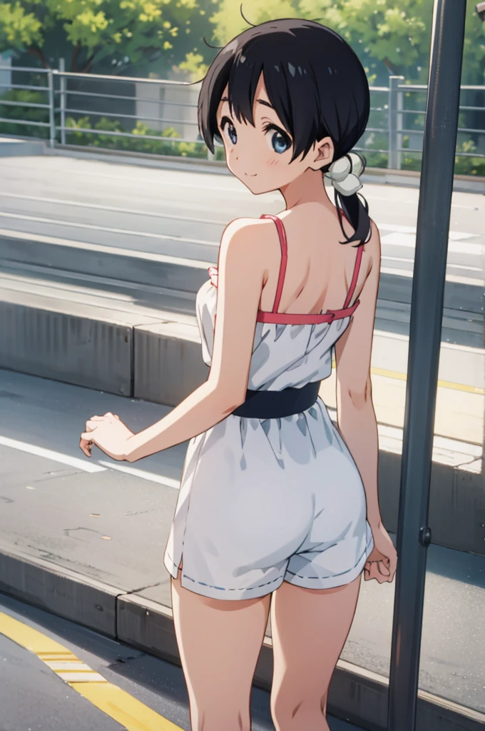  solo, 1girl, tamako kitashirakawa, , looking at viewer, smile, ,,outdoor,socks,camisole,high waist shorts,ass,from back