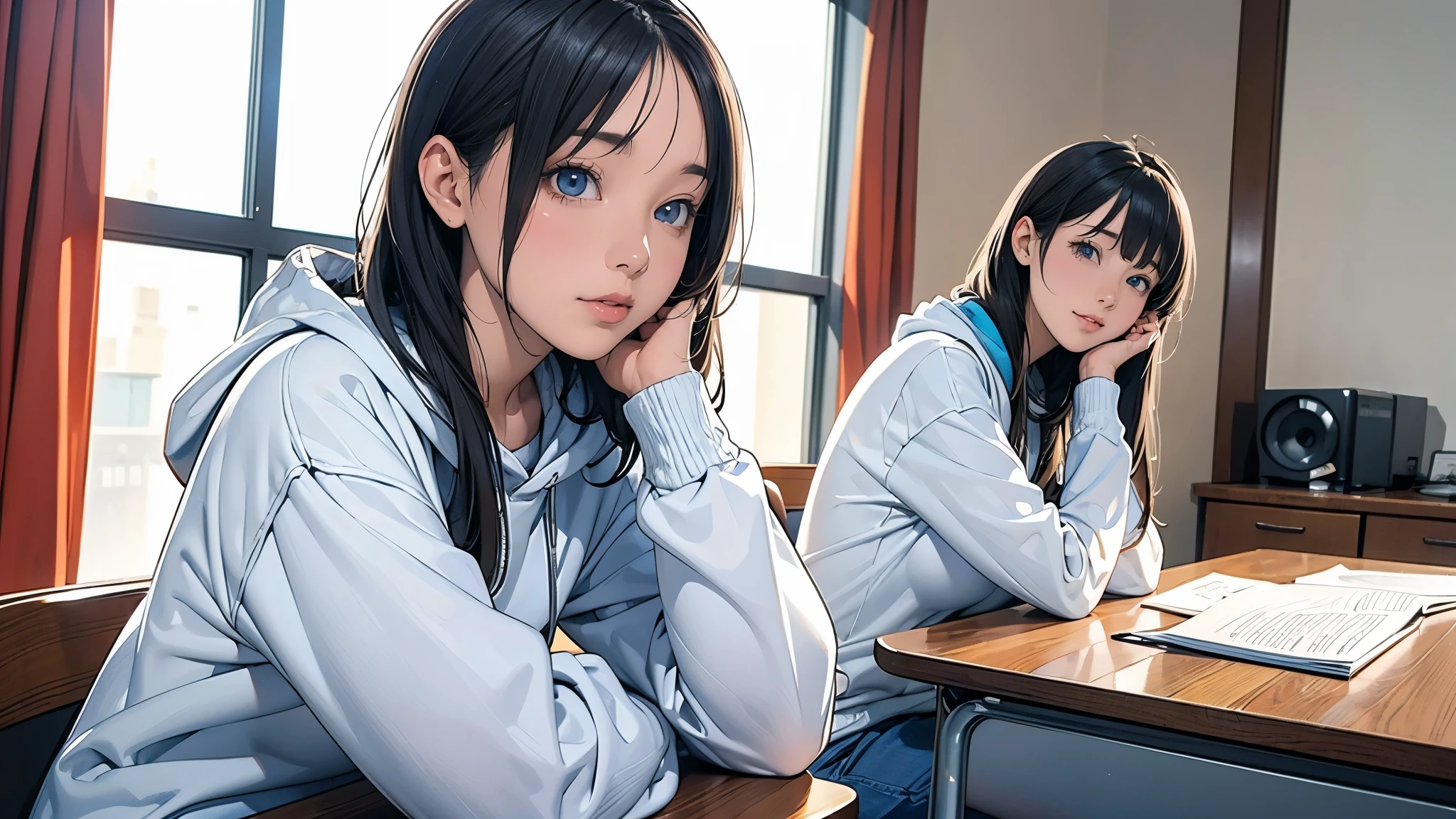 Ultra HD、super high quality、masterpiece、detailed、8K、The place is your room、A high school girl in her room1Person sitting and listening to music on headphones、Studying at a desk、15-year-old high school girl、The high school girl is Russian and has long black hair.、Has blue eyes、She has a flower tattoo and a glamorous figure.、The clothes he was wearing were a large hoodie and a baggy sweatshirt.、Pretty sexy、Lo-Fi images