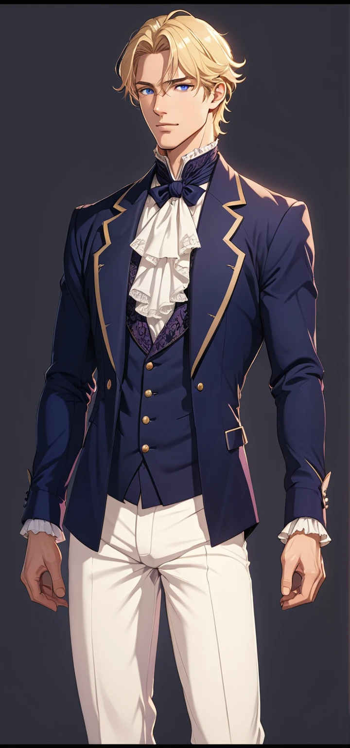 male man, handsome, slim, blue eyes,violet backlight, anime style, masterpiece, european, muscular, beautiful illustration, visual novel, highly detailed, masterpiece, victorian style, wearing dark blue jacket and white pants, handsome, confident pose, blond hair