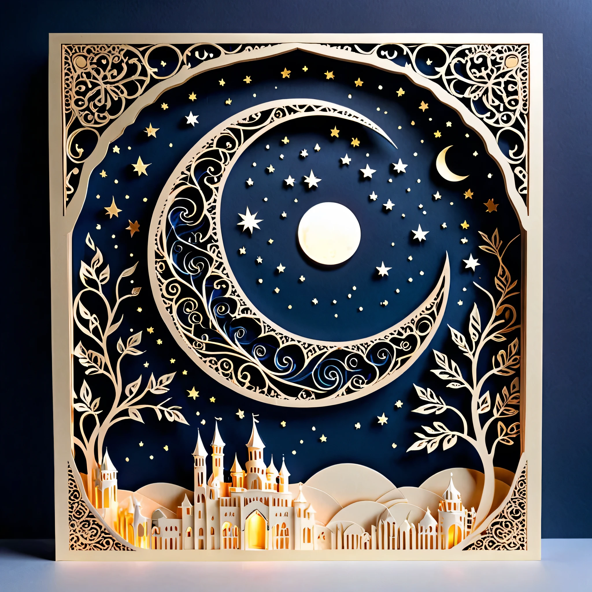 Create a detailed paper cutout artwork depicting an intricate scene of arabesque patterns against a moonlit night. The artwork should include elaborate, swirling designs that capture the essence of arabesque art, set against the backdrop of a serene night sky illuminated by a full moon. The moonlight should cast delicate shadows and highlights on the patterns, enhancing their depth and intricacy. The overall mood should be mystical and elegant, evoking a sense of timeless beauty.