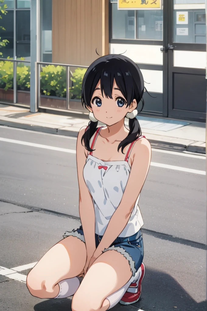  solo, 1girl, tamako kitashirakawa, , looking at viewer, smile, ,,outdoor,socks,camisole,denim shorts,squatting,open legs,spread legs,thigh