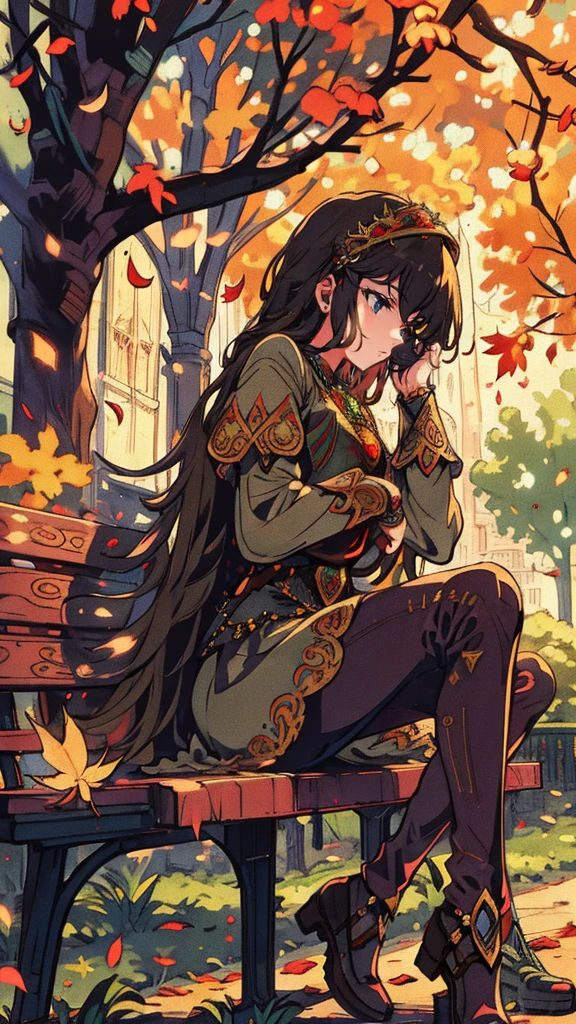 a solo teenage girl sitting on a park bench in an urban setting, surrounded by falling leaves, fairy tale creatures, glittering lights, elements of a masked ball, pre-raphaelite art with urban fantasy twist, bright, whimsical, detailed, beautiful detailed eyes, beautiful detailed lips, extremely detailed face and features, long eyelashes, intricate costume, elegant pose, warm lighting, dreamlike atmosphere, mystical, enchanted, fantastical, photorealistic, 8k, high resolution, best quality