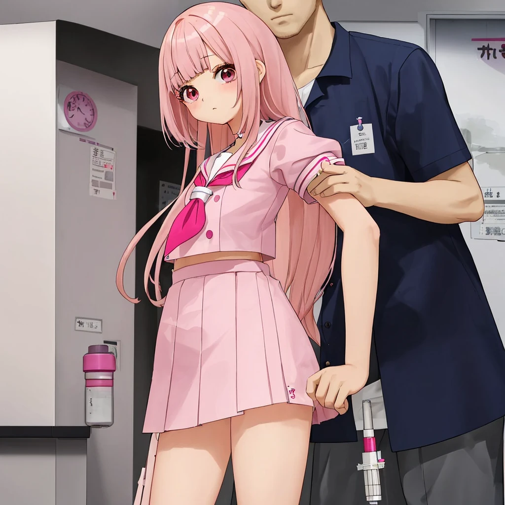 A pink-haired high school girl in a sailor uniform receives a vaccination、A man grabs your arm、Take the syringe and stick it into your upper arm.。.