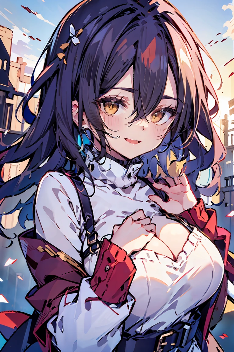 (masterpiece:1.2), (high quality:1.2), (hui xiyi:0.75), rekkyo sensen, rekkyou sensen, girls with((black hair, (tits cleavage:1.15), (waving is hands:1.2), (breasts close up:1.15), (suspenders:1.2), (dress:0.65), (blue clothes:1.05), (belts:0.7), (frills shirt:1.2), (white knit sweater:1.2), (frills camisole:1.2), exposed breasts, straps, (turtleneck clothes:1.1), (cross:1.05), upper body, (long wavy hair:1.2), (one side up:1.2), nun, long sleeves, (perfect hands:1.05), (five fingers:1.05))), background with((fantasy world, ruin, castle, beautiful sky, shining sky, sunshine))