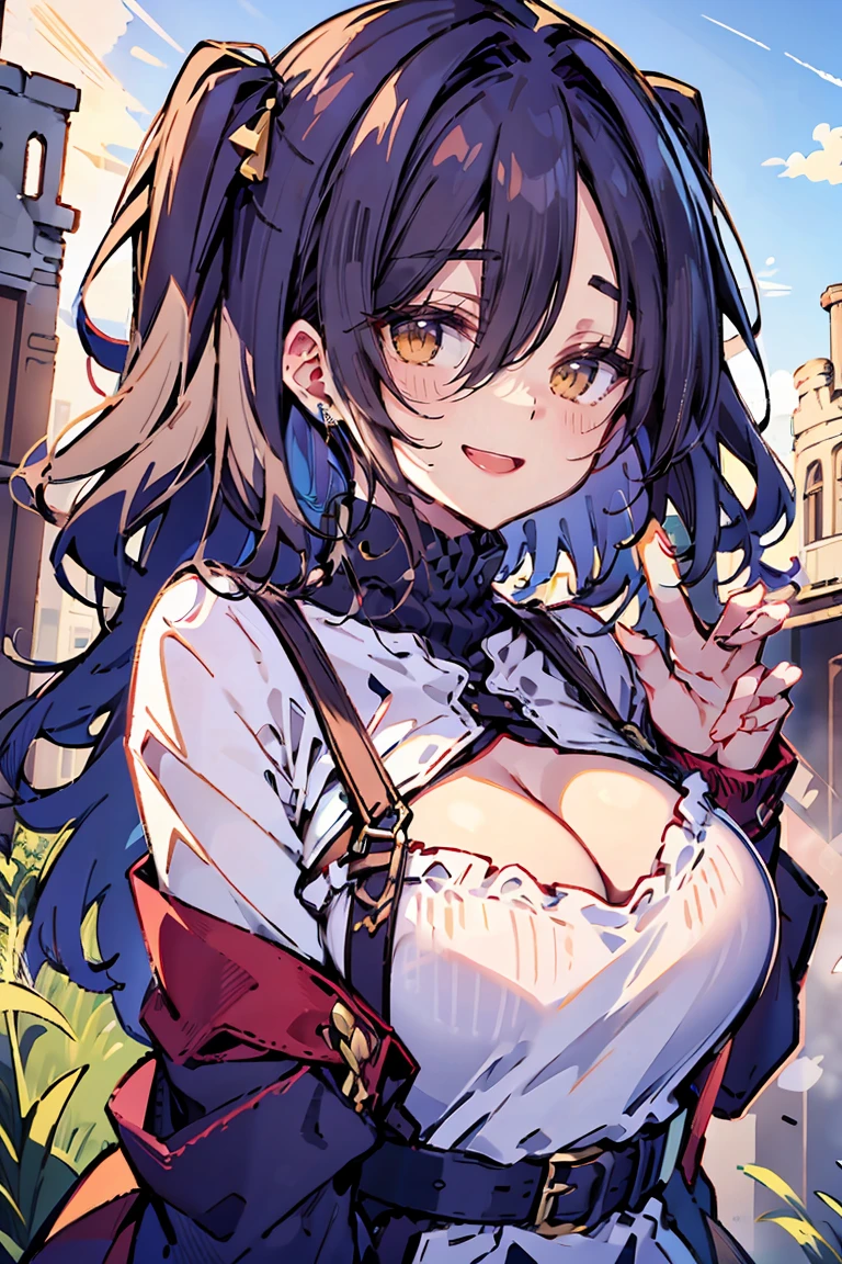 (masterpiece:1.2), (high quality:1.2), (hui xiyi:0.75), rekkyo sensen, rekkyou sensen, girls with((black hair, (tits cleavage:1.15), (waving is hands:1.2), (breasts close up:1.15), (suspenders:1.2), (dress:0.65), (blue clothes:1.05), (belts:0.7), (frills shirt:1.2), (white knit sweater:1.2), (frills camisole:1.2), exposed breasts, straps, (turtleneck clothes:1.1), (cross:1.05), upper body, (long wavy hair:1.2), (one side up:1.2), nun, long sleeves, (perfect hands:1.05), (five fingers:1.05))), background with((fantasy world, ruin, castle, beautiful sky, shining sky, sunshine))