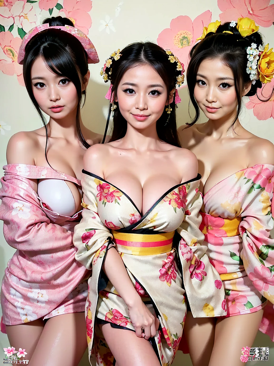 Photorealistic, 1 girl、Perfect body、super high quality、Ultra HD、Japanese、(Off-the-shoulder short length floral pattern kimono:1.6)、(Huge breasts:1.1)、(Cleavage:1.5)、Narrow waist、(blonde:1.3)、(Blurred Background)、(Grin)、(Gal-style dark shadow eyeliner:1.4)、(Long False Eyelashes:1.2)、(Gal-style makeup:1.2)、(Thigh lift:1.3)、(Sexy pose:1.3)