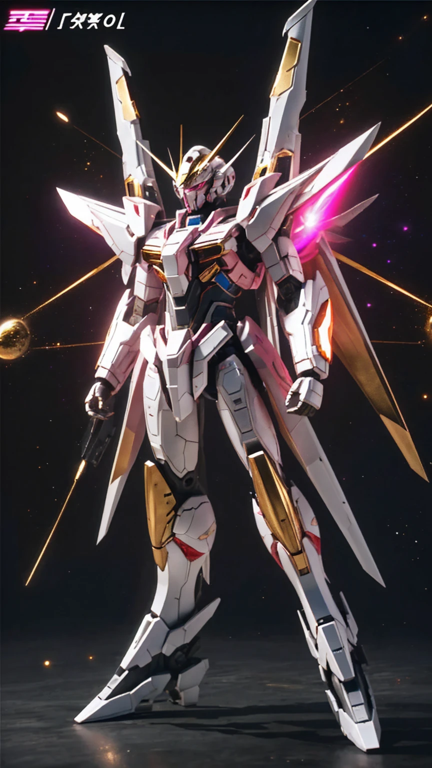 universe space、Pink light effect、Strike Freedom、front、universe spaceに浮いている、The round gold particles surround the aircraft.