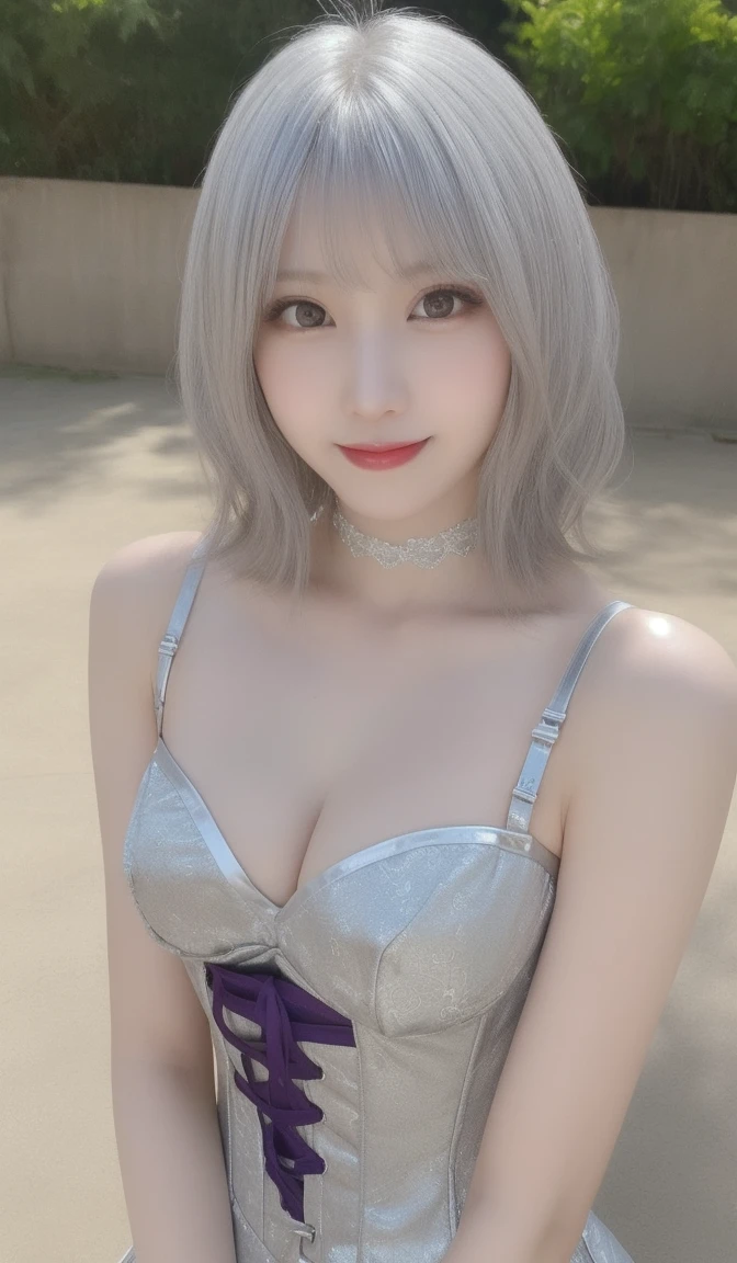 (Thin eyebrowouth closed)))))、((Very strong sunlight))、((((Beautiful silver hair))))、((Small Head))、(Beautiful silver hair with short wavy:1.2)、Full Body Shot、(((8K, Raw photo)))、 (((The face is that of cosplayer Enako))),(Shot from above in highly detailed 8K)、(Very delicate and beautiful)、(masterpiece)、(Highest quality:1.0)、(超High resolution:1.0)、Realistic Shadows、[High resolution]、 Detailed skin、Ultra-detailed、(Beautiful Hair)、Photorealistic、A vivid face、Big breasts and small waist、Realistic eyes、Big eyes、Looking at the camera、(((Between the breasts)))、(eyeliner)、(mascara)、 Pink lips、((Looks very happy))、Show your shoulders、Intricate patterns and transparent materials、Artistic depiction of a seductive woman, Accentuating her attractive silhouette。The scene was、Basking in the hot sun、It makes you feel the delicate beauty and charm of nature.。(((Intricate details))、Advanced Details、choker、Browsing Caution,((Highest quality、8K、masterpiece:1.3))、Sharp focus:1.2、 (((Patent purple and silver corset)))、((On the buttocks))