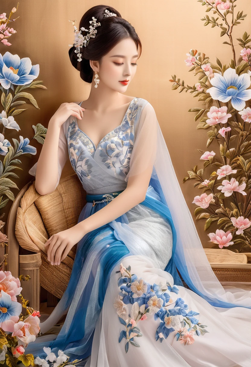 embroidery,Three-dimensional embroidery,(A picture of blue ornate Suzhou embroidery hangs on the wall),blue-white petals, Silk material embroidery, Inspired by Yao Jianping’s dream of Su embroidery works,translucent,abundant cleavage,painting on silk, alcohol ink art