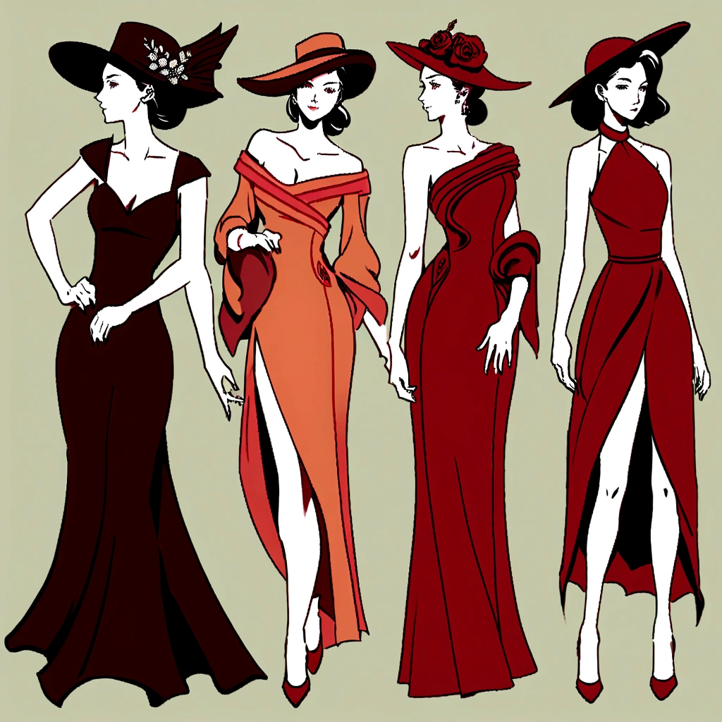 Illustration of a woman in a hat and dress，in a red dress, digital art of an elegant, elegant woman, elegant girl, elegant profile pose, red dress and hat, Wearing an orange dress, woman with hat, silhueta estilizada, elegant girl, half turned lady in evening dress, luxury fashion illustration, in digital illustration style, Woman in a dress，solid color backdrop，Multiple postures