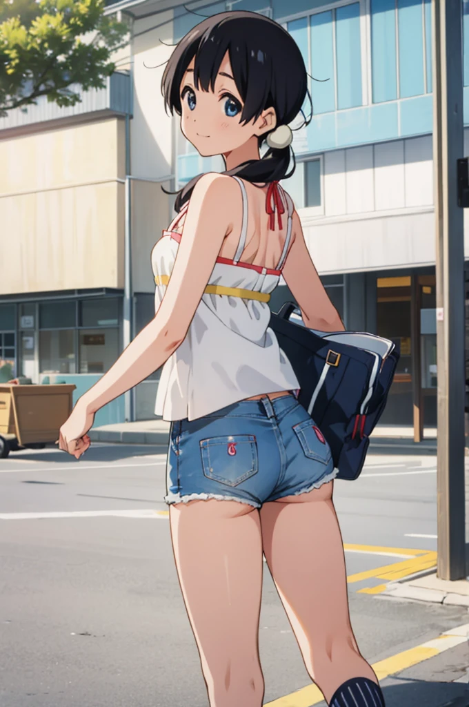  solo, 1girl, tamako kitashirakawa, , looking at viewer, smile, ,,outdoor,socks,camisole,denim shorts,ass,from back