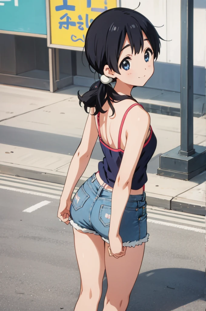  solo, 1girl, tamako kitashirakawa, , looking at viewer, smile, ,,outdoor,socks,camisole,denim shorts,ass,from back