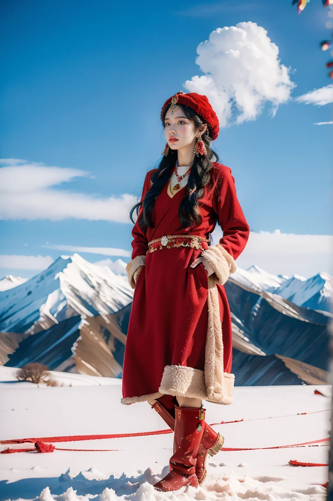 (masterpiece, best quality:1.2),red Tibetan clothing,1 Tibetan girl, blue sky, cloud, cloudy sky, day, earrings,Plush hat, horizon,Tibetan Earrings,jewelry,necklace, lips,snow mountain, outdoors, parted lips, red lips, solo,flat chest,full body,slender legs,boots,standing,arms behind back