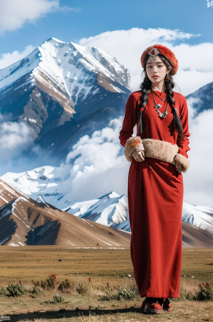 (masterpiece, best quality:1.2),red Tibetan clothing,1 Tibetan girl, blue sky, cloud, cloudy sky, day, earrings,Plush hat, horizon,Tibetan Earrings,jewelry,necklace, lips,snow mountain, outdoors, parted lips, red lips, solo,flat chest,full body,slender legs,boots,standing,arms behind back