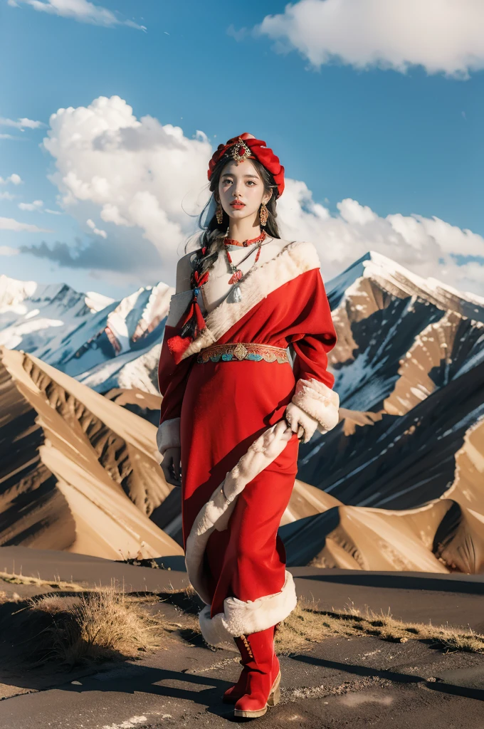 (masterpiece, best quality:1.2),red Tibetan clothing,1 Tibetan girl, blue sky, cloud, cloudy sky, day, earrings,Plush hat, horizon,Tibetan Earrings,jewelry,necklace, lips,snow mountain, outdoors, parted lips, red lips, solo,flat chest,full body,slender legs,boots,standing,arms behind back