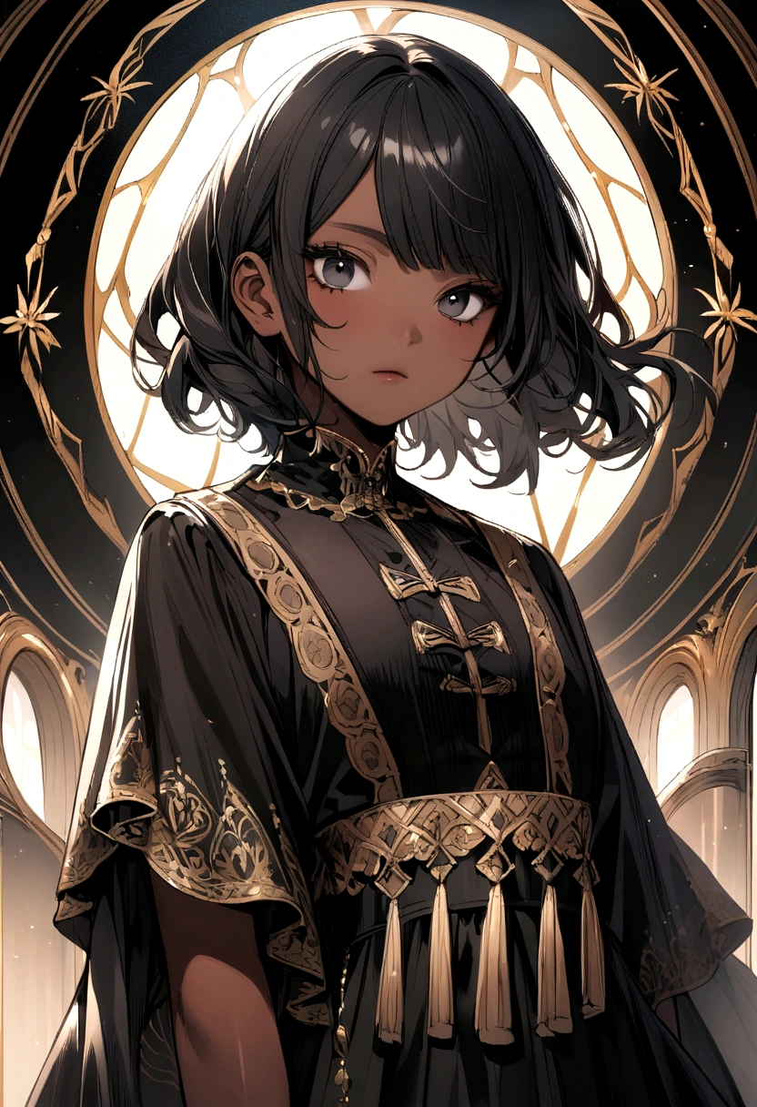 adult with brown skin,black eyes and wavy black hair with a small fringe