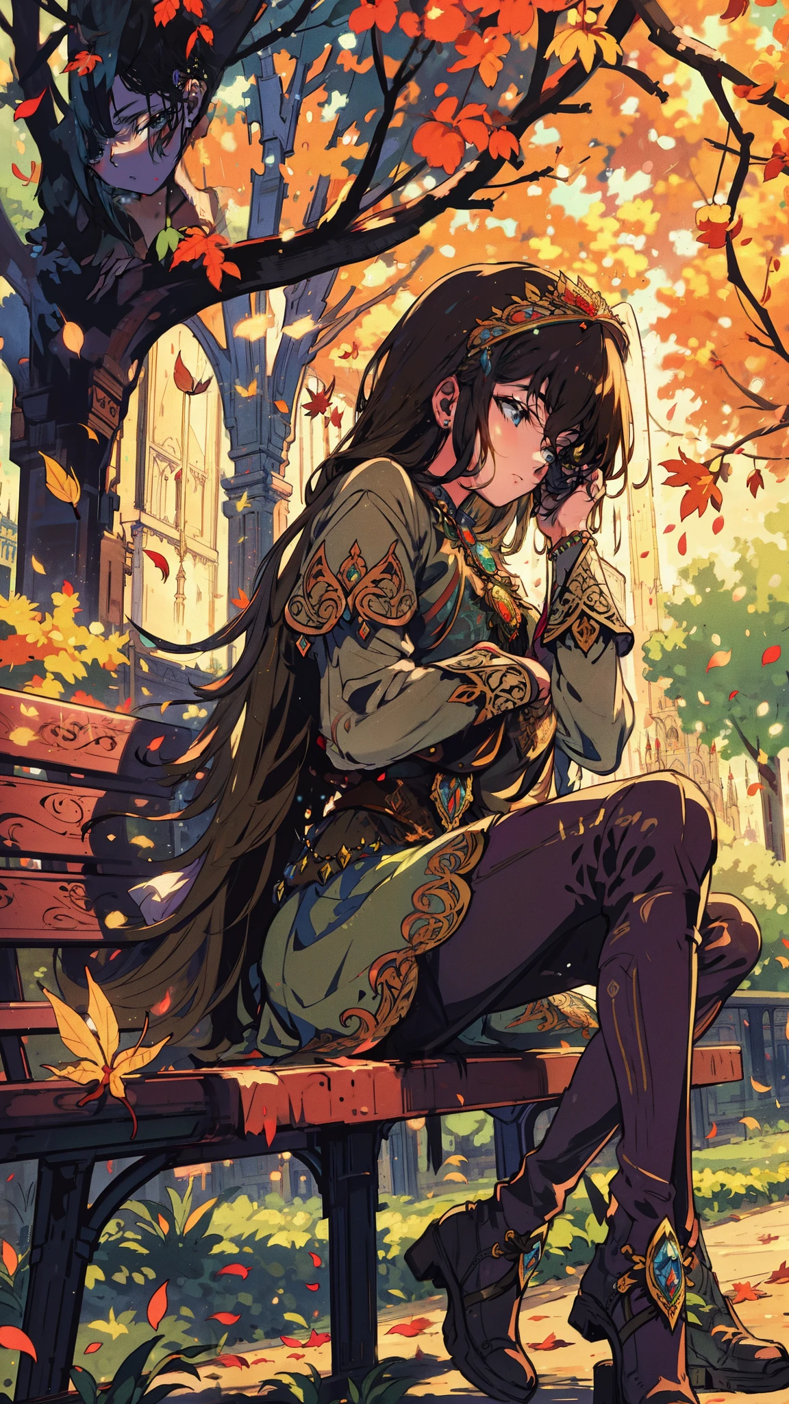 a solo teenage girl sitting on a park bench in an urban setting, surrounded by falling leaves, fairy tale creatures, glittering lights, elements of a masked ball, pre-raphaelite art with urban fantasy twist, bright, whimsical, detailed, beautiful detailed eyes, beautiful detailed lips, extremely detailed face and features, long eyelashes, intricate costume, elegant pose, warm lighting, dreamlike atmosphere, mystical, enchanted, fantastical, photorealistic, 8k, high resolution, best quality