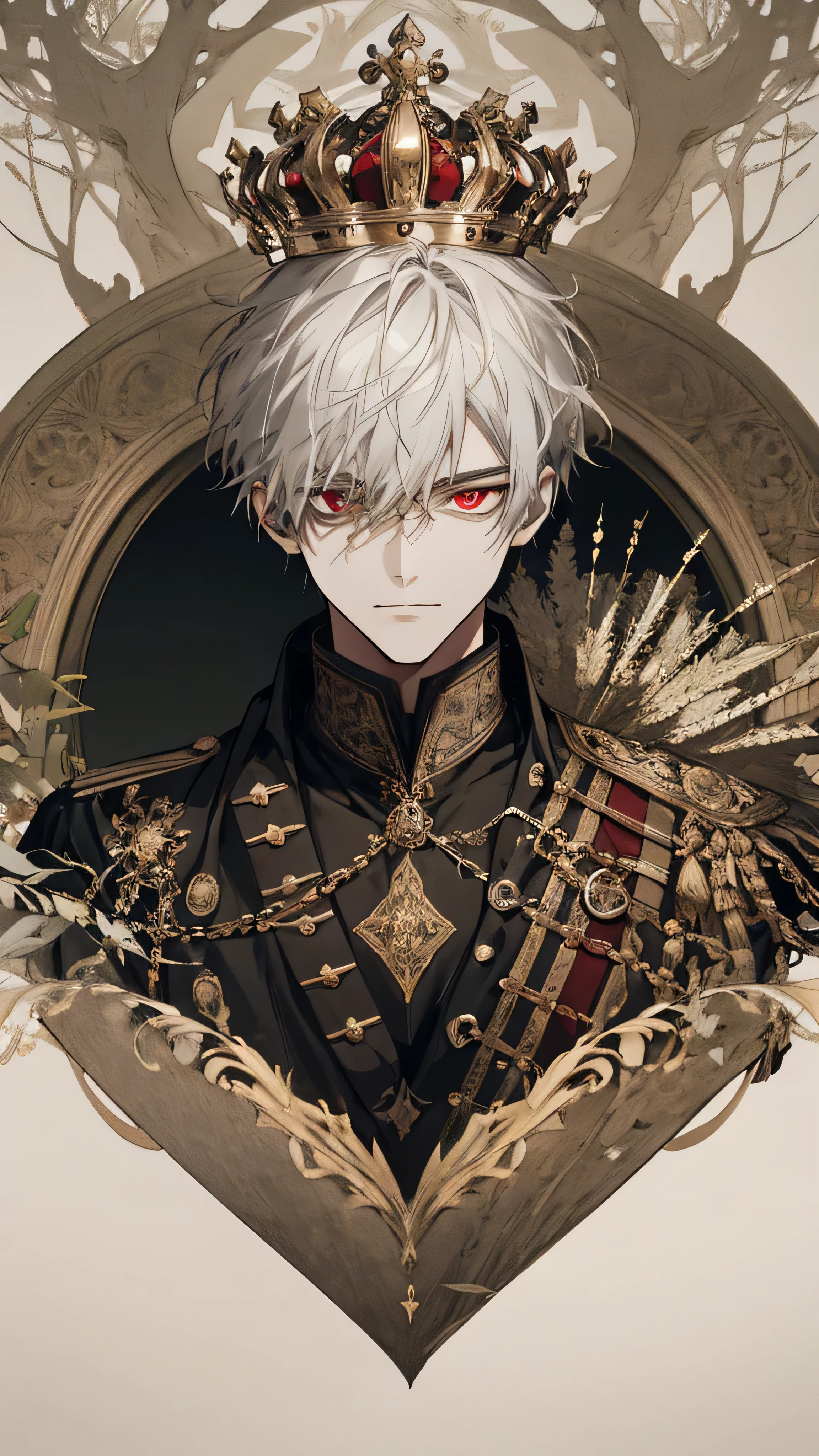(extreamly delicate and beautiful:1.2), 8K,(шедевр:1.0),(best_quality:1.0), 1boy, and intricate detailing, Enlarged textures, and intricate detailing, finely eye and detailed face, and intricate detailing, black medieval outfit, ruinscape background, (closed mouths),long white hair with crown, Perfect eyes, red eyes, Equal eyes, (A male god)