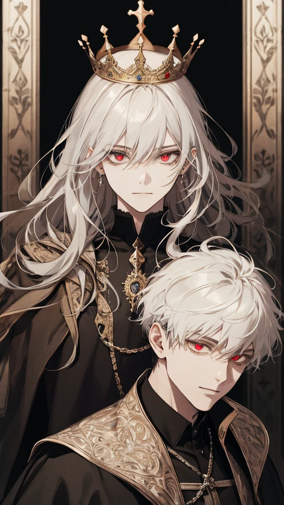 (extreamly delicate and beautiful:1.2), 8K,(шедевр:1.0),(best_quality:1.0), 1boy, and intricate detailing, Enlarged textures, and intricate detailing, finely eye and detailed face, and intricate detailing, black medieval outfit, ruinscape background, (closed mouths),long white hair with crown, Perfect eyes, red eyes, Equal eyes, (A male god)