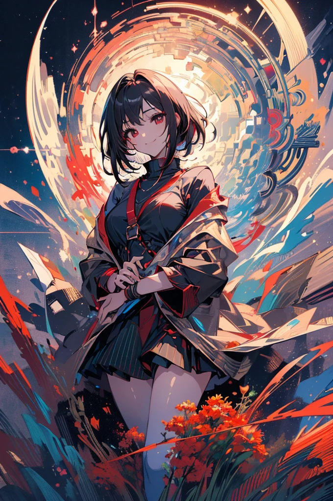 (masterpiece, highest quality, highest quality, (No text), Beautiful and aesthetic:1.2),No text,アニメ、 high resolution　BREAK,One Girl，Short black hair　Beautiful eyes　Red eyes　Beautiful girl　cool　smile　Black Coat　mini skirt　whole body　Night view　Detailed eyes and face