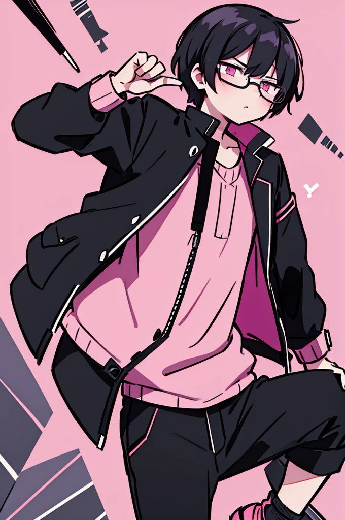 black pants, Sharp image, man, Black hair with pink ends, wearing a pink jacket. , has a dull, bored face, wears round glasses, has short, neat hair,