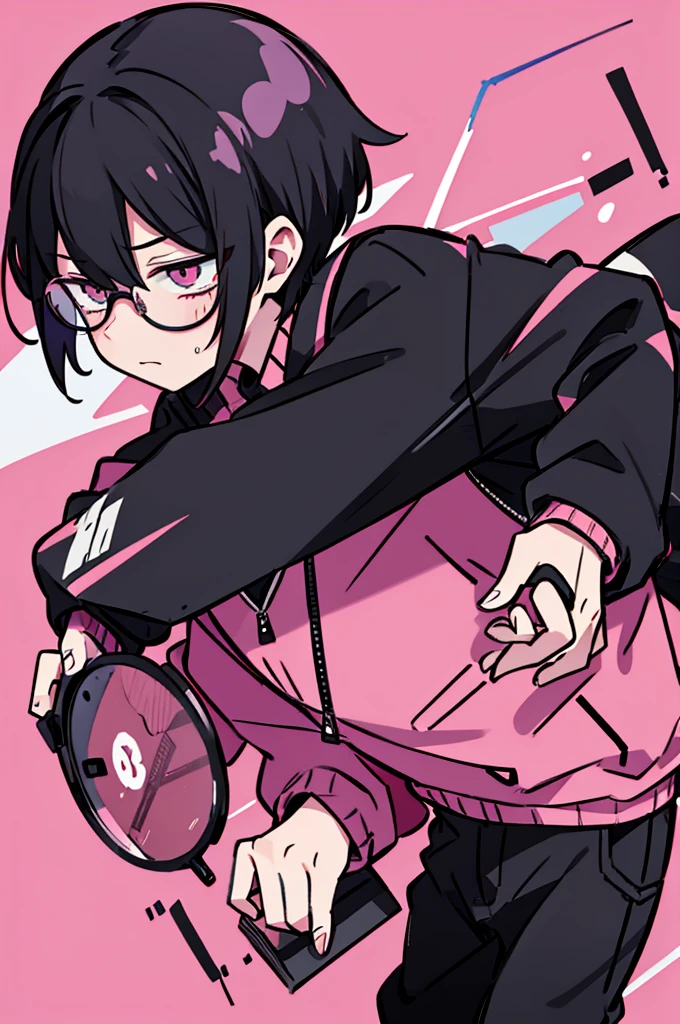 black pants, Sharp image, man, Black hair with pink ends, wearing a pink jacket. , has a dull, bored face, wears round glasses, has short, neat hair,