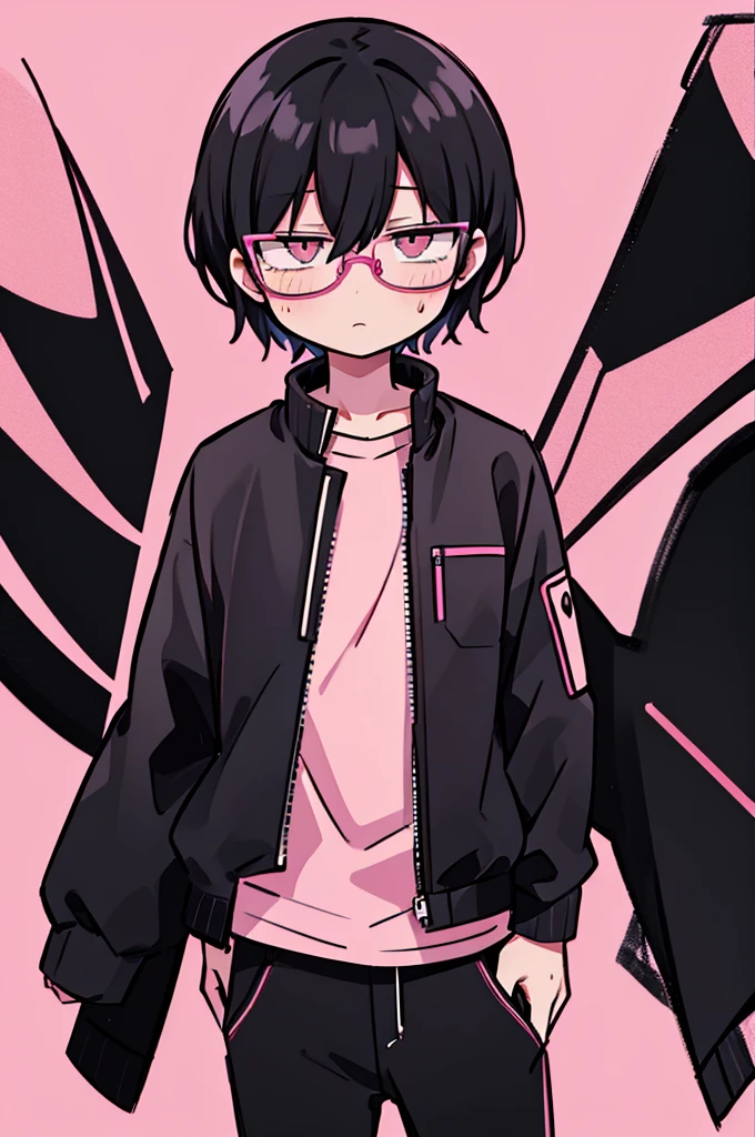 black pants, Sharp image, man, Black hair with pink ends, wearing a pink jacket. , has a dull, bored face, wears round glasses, has short, neat hair,