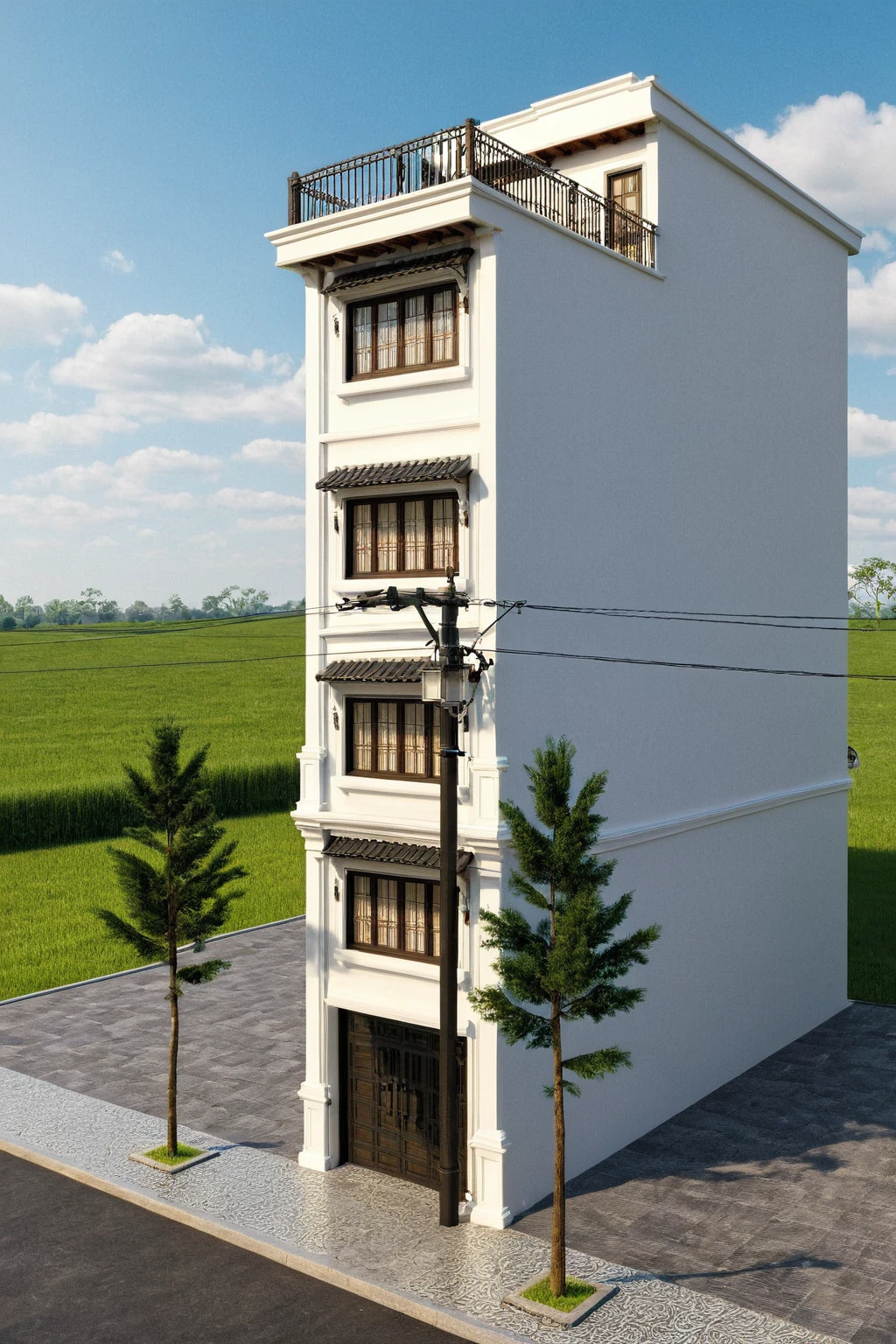 Raw photo,Masterpiece, high quality, best quality, authentic, super detail,
exterior, outdoors, house style indochine on the street ,aiaigroup
road,pavement, grass, trees, sky, cloud, (day:1.1)