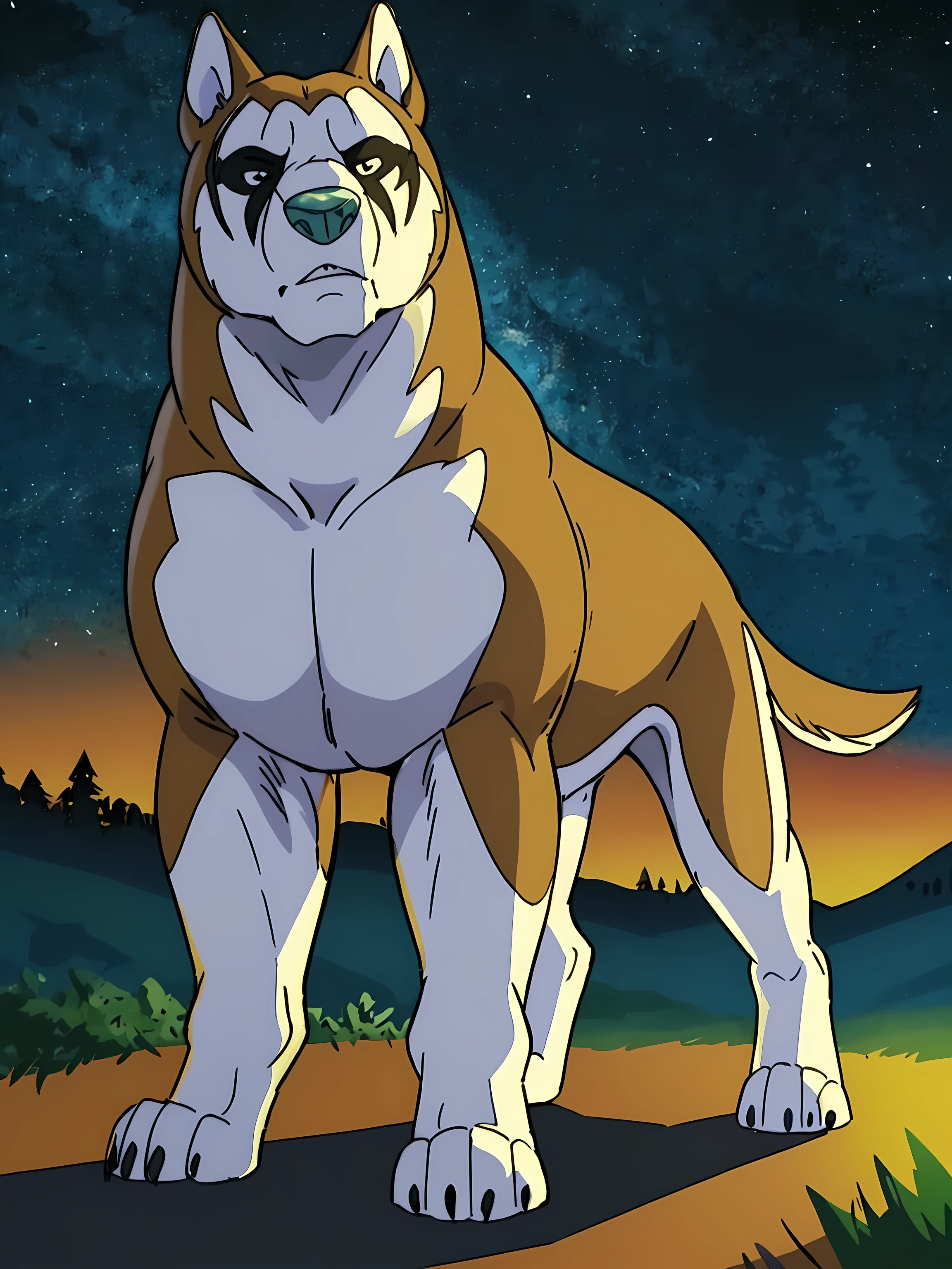 hakurou (ginga), turquoise nose, scars on face, black markings around eyes, male, masculine, feral:1.1, quadruped, full body, (muscular forelegs, muscular neck, muscular shoulders, muscular hindlegs, muscular feral):1.2, pectorals, paws, detailed, high quality, best resolution, solo, posing, night, starry sky, stars, shadow on ground, tail, by seibear, by rossciaco, by marjani, cel shaded, dark shadows, strong shadows, dim lighting, white paws, stern eyes, black eyes, detailed eyes