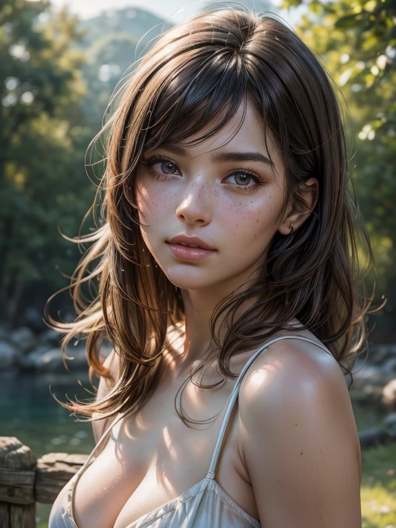 a woman with natural imperfections, flawless skin, freckles, natural makeup, messy hair, natural lighting, soft colors, detailed facial features, ethereal, serene expression, outdoor setting, warm tones, (best quality,4k,8k,highres,masterpiece:1.2),ultra-detailed,(realistic,photorealistic,photo-realistic:1.37),HDR,UHD,studio lighting,ultra-fine painting,sharp focus,physically-based rendering,extreme detail description,professional,vivid colors,bokeh,portrait