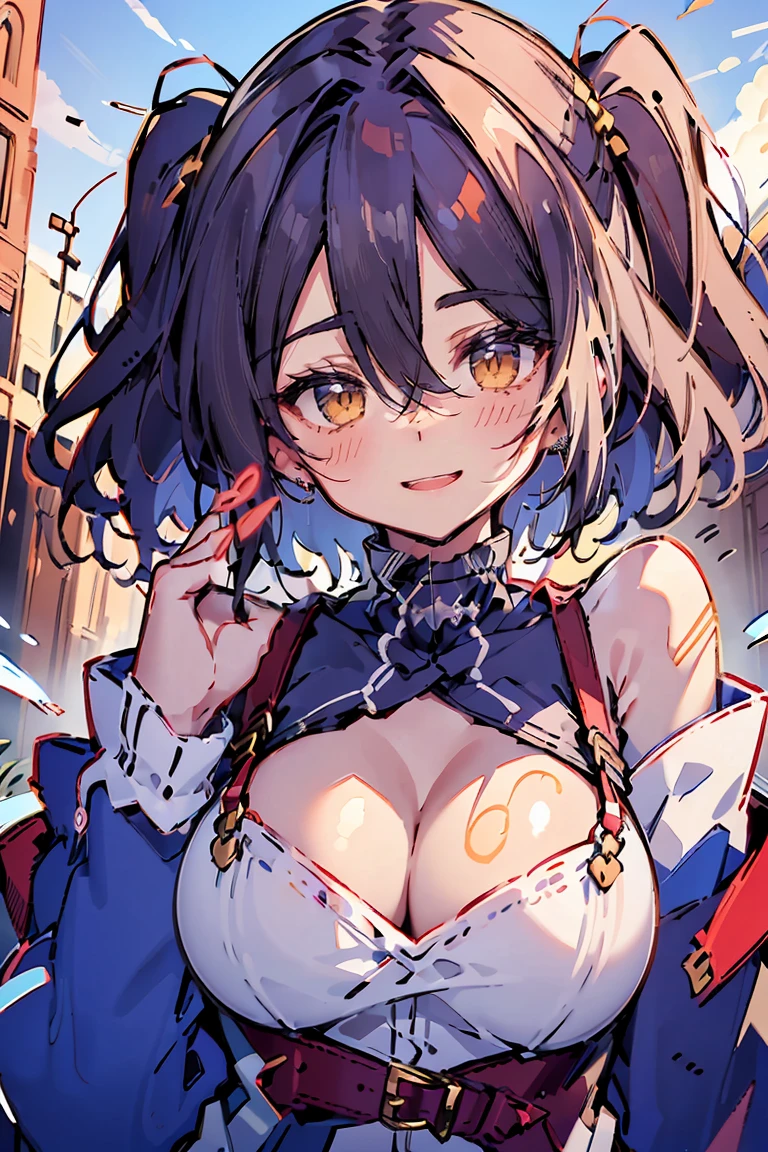 (masterpiece:1.2), (high quality:1.2), (hui xiyi:0.75), rekkyo sensen, rekkyou sensen, girls with((black hair, (tits cleavage:1.15), (waving is hands:1.2), (breasts close up:1.15), (suspenders:1.2), (dress:0.65), (blue clothes:1.05), (belts:0.7), (frills shirt:1.2), (white knit sweater:1.2), (frills camisole:1.2), exposed breasts, straps, (turtleneck clothes:1.1), (cross:1.05), upper body, (long wavy hair:1.2), (one side up:1.2), nun, long sleeves, (perfect hands:1.05), (five fingers:1.05))), background with((fantasy world, ruin, castle, beautiful sky, shining sky, sunshine))