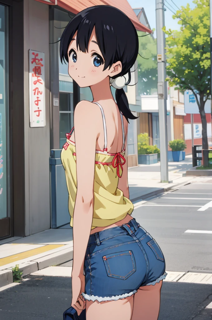  solo, 1girl, tamako kitashirakawa, , looking at viewer, smile, ,,outdoor,socks,camisole,denim shorts,((ass)),from back