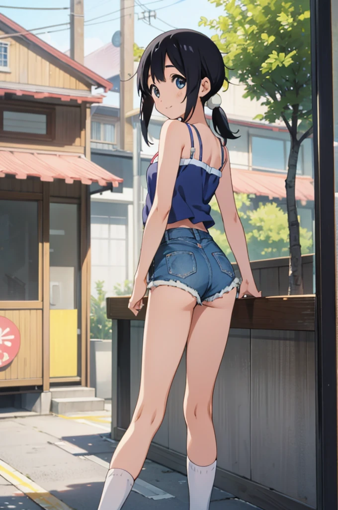 solo, 1girl, tamako kitashirakawa, , looking at viewer, smile, ,,outdoor,socks,camisole,denim shorts,((ass)),from back