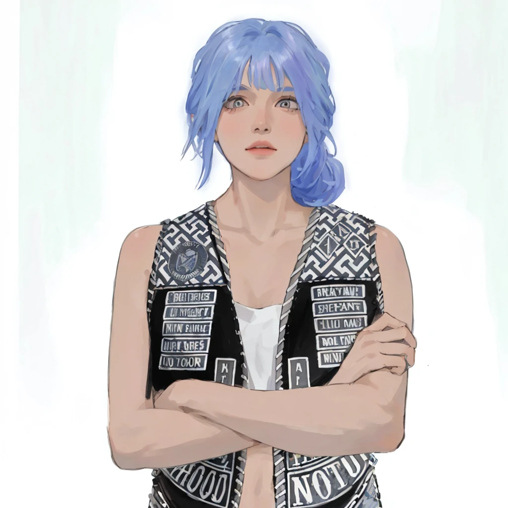 (masterpiece:1.2, best quality), (1girl, solo, upper body:1.2),flat face,Hair: buzz cut, Clothing: oversized, distressed denim jacket with patches and pins, paired with black skinny jeans and combat boots, Hanging out in an underground music venue or street art exhibit