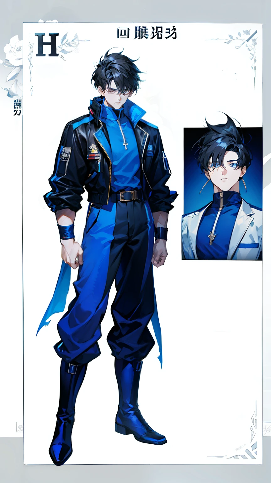 Multi view, front view, front view, side view, rear view, concept art, 1boy, male focus, solo, black hair, kim dokja look, orv character, full body, white background, two block hair, boots, exercise suit, standing, simple background, wristband, hands clenched, arms sides, super saiyan 1, belt, blue footwear