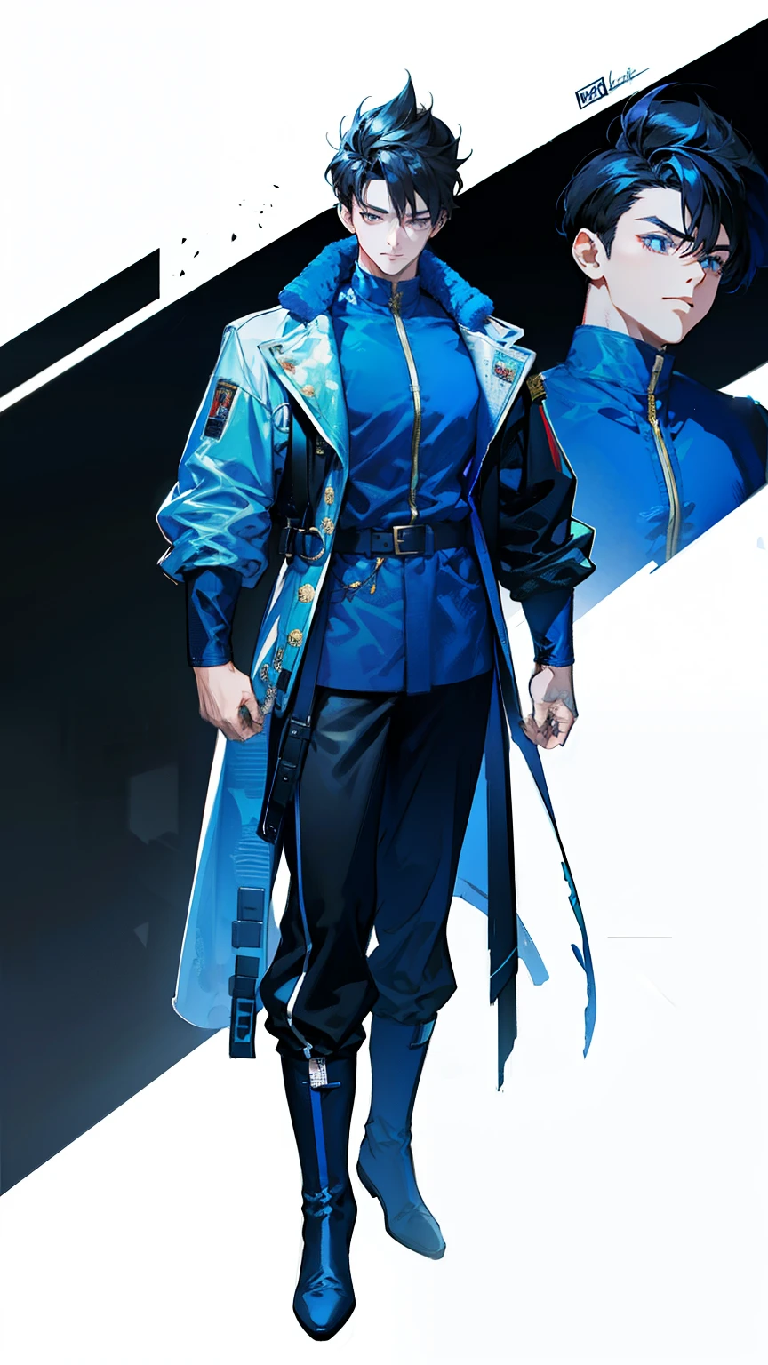 Multi view, front view, front view, side view, rear view, concept art, 1boy, male focus, solo, black hair, kim dokja look, orv character, full body, white background, two block hair, boots, exercise suit, standing, simple background, wristband, hands clenched, arms sides, super saiyan 1, belt, blue footwear