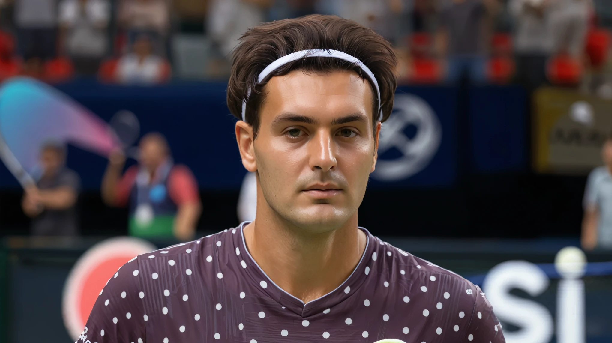 there is a man with a headband on holding a tennis racket, wearing the number 1 headband, inspired by Ernő Bánk, inspired by Master of the Bambino Vispo, inspired by Sava Šumanović, inspired by Ion Andreescu, inspired by Juraj Julije Klović, 16k upscaled image