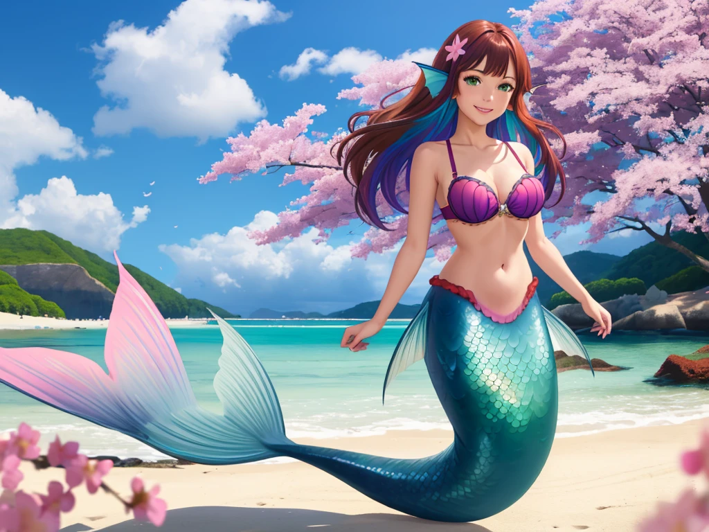 masterpiece, best quality:1.2), 1girl, smile, looking at viewer, green eyes, short brown multicolored hair, mermaid, mermaid girl, wearing purple seashell bra, laying on beach, colorful mermaid tail, outdoors, head fins, fin ears, under cherry blossoms
