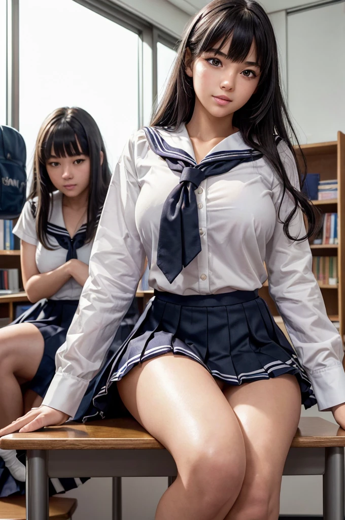 nsfw,(Highly detailed CG,Unity,8K wallpapers are so delicate and beautiful),(masterpiece),(Highest quality:1.0),(超High resolution:1.0),Beautiful lighting,Realistic Shadows,[High resolution],Detailed skin,Ultra-detailed,Detailed face and eyes,Realistic eyes,Sharp pupils,In the classroom,School,Beautiful Face,Beautiful girl,Glowing Skin,Side Up,Beautiful black hair,Blunt bangs,Sailor suit,Pleated mini skirt,Browsing Caution, ((Tabletop, Highest quality)), (Shiny skin),Highly detailed skin, Highly detailed face, Beautiful eyes in every detail,(((Two female students))),(((Honor Student and Yankee))),Large cleavage, (Sailor blouse,Lift up your pleated skirt yourself:1.3),avert your eyes,Drooling and flowing,(Spread your legs,Thigh focus),In the classroom,Man lying on floor,Shooting from below,Sailor blouseから胸が見える,(((抱きしめあうTwo female students))),