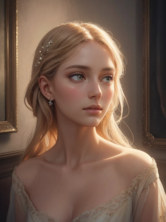 a beautiful imperfect woman, detailed face and eyes, ethereal, soft lighting, warm tones, dreamlike, surreal, digital painting, oil painting, hyperrealistic, photorealistic, 8k, high quality, intricate details, cinematic composition, dramatic shadows, glowing skin, delicate features, whimsical, elegant, wistful expression