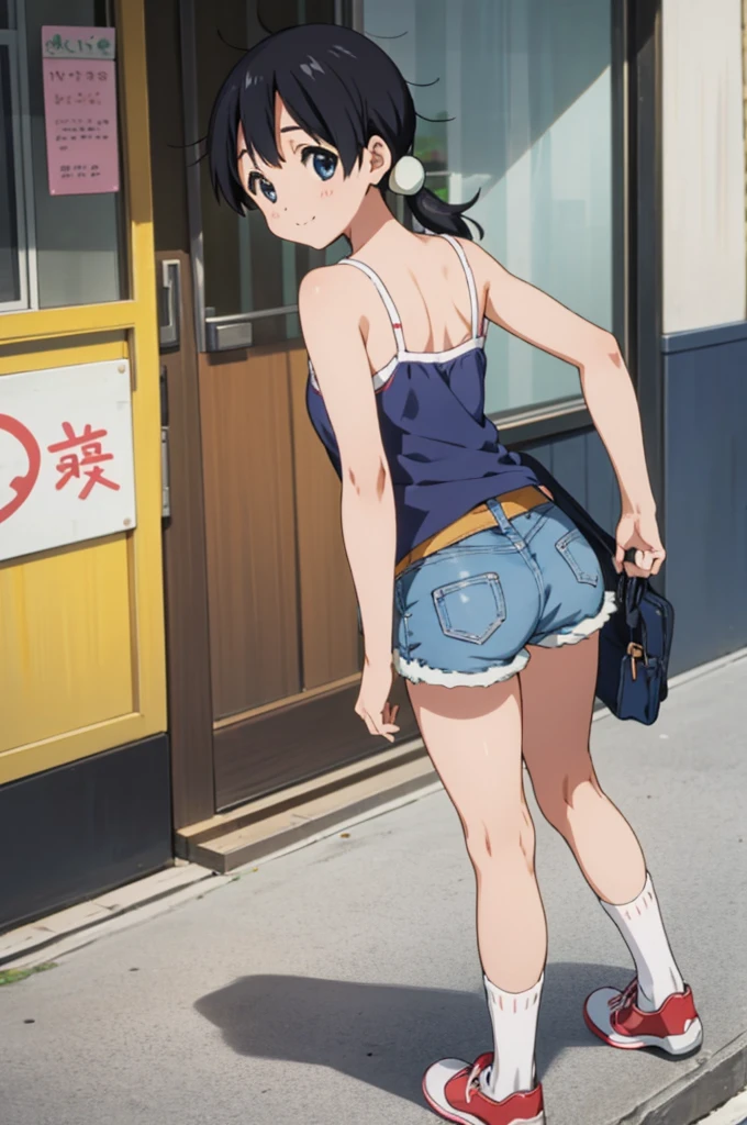  solo, 1girl, tamako kitashirakawa, , looking at viewer, smile, ,,outdoor,socks,camisole,denim shorts,ass,from back