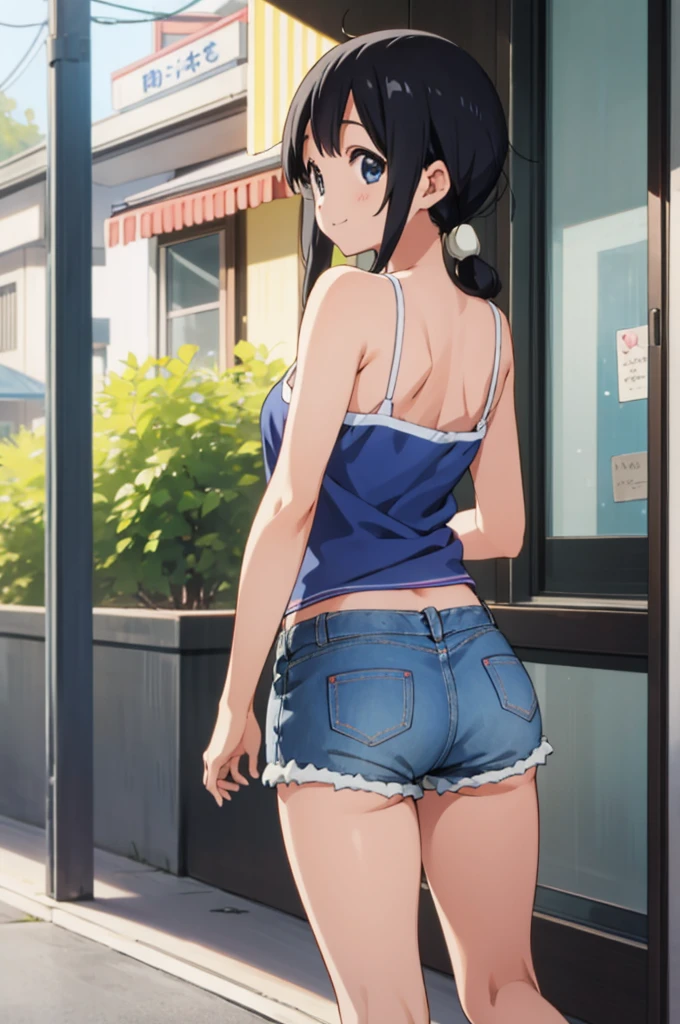  solo, 1girl, tamako kitashirakawa, , looking at viewer, smile, ,,outdoor,socks,camisole,denim shorts,ass,from back