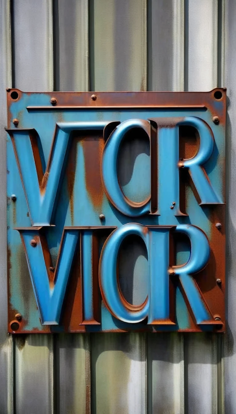 metal sign with rusty blue metal letters, welded letters, screwed letters, gloomy eyes come out from behind the sheet ((text in letters: "VICTOR"))
