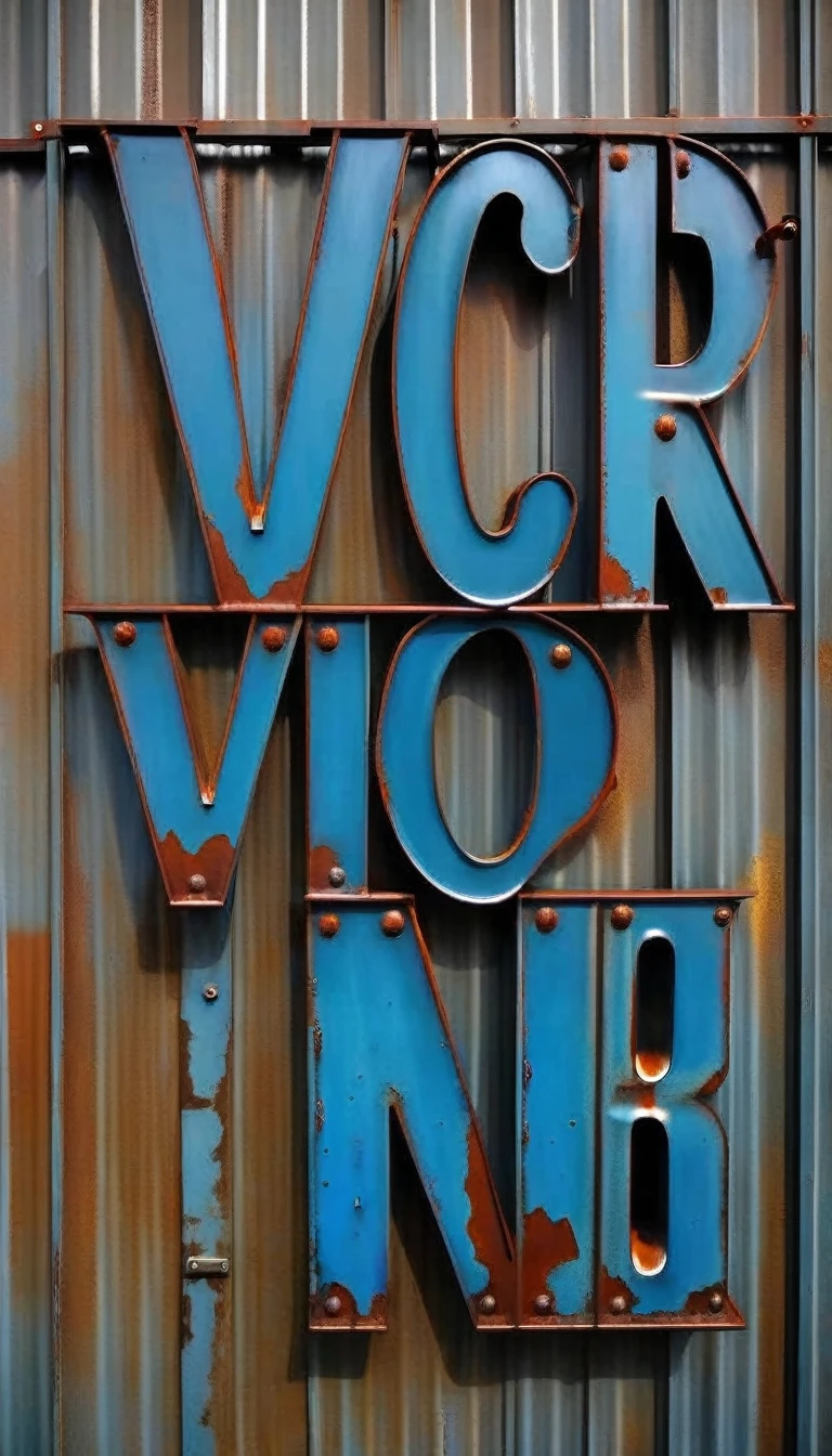 metal sign with rusty blue metal letters, welded letters, screwed letters, gloomy eyes come out from behind the sheet ((text in letters: "VICTOR"))