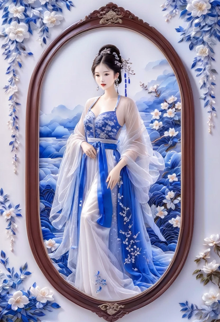 embroidery,Three-dimensional embroidery,(A picture of blue ornate Suzhou embroidery hangs on the wall),blue-white petals, Silk material embroidery, Inspired by Yao Jianping’s dream of Su embroidery works,translucent,abundant cleavage,painting on silk, alcohol ink art