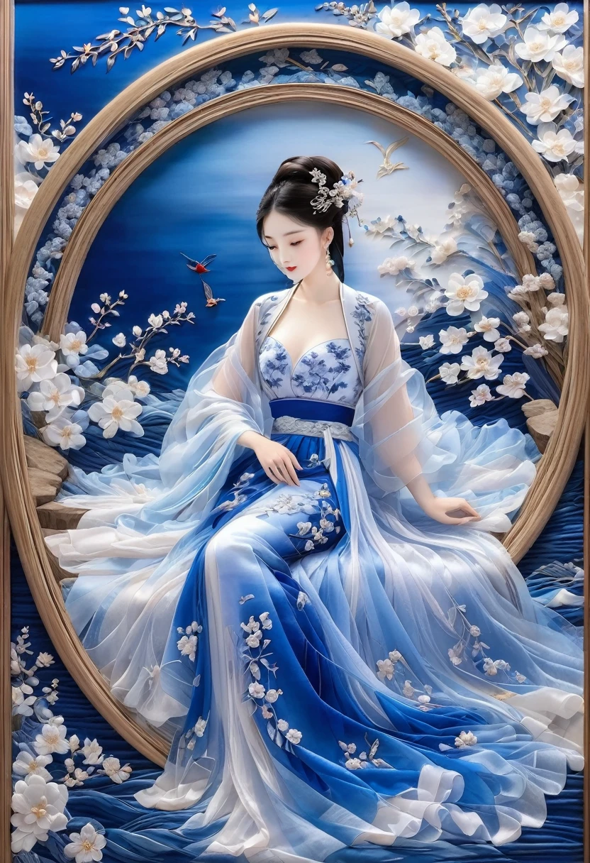embroidery,Three-dimensional embroidery,(A picture of blue ornate Suzhou embroidery hangs on the wall),blue-white petals, Silk material embroidery, Inspired by Yao Jianping’s dream of Su embroidery works,translucent,abundant cleavage,painting on silk, alcohol ink art