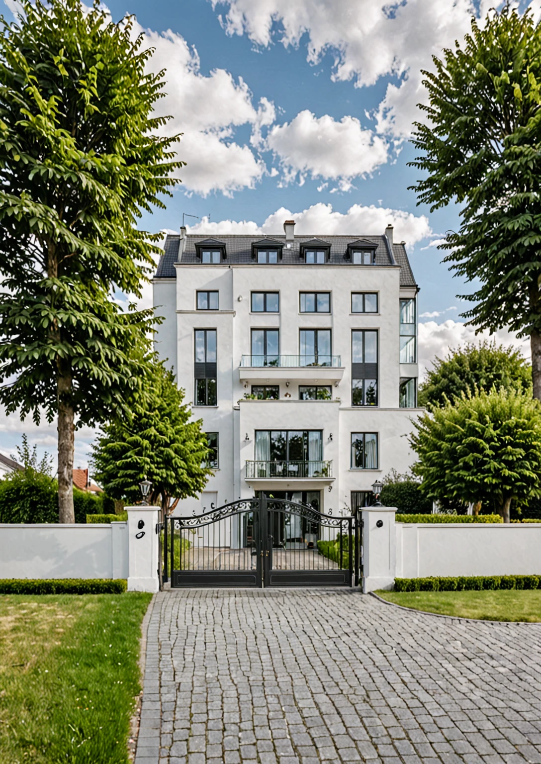 Raw photo,Masterpiece, high quality, best quality, authentic, super detail,
outdoors, house style modern,bietthuhn, white wall, glass windows, gate
road,pavement, grass, trees, sky, cloud, (day:1.1),