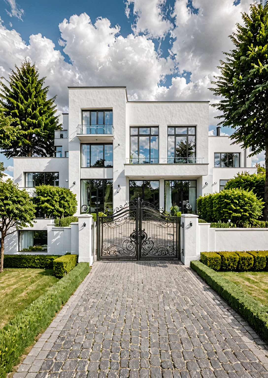 Raw photo,Masterpiece, high quality, best quality, authentic, super detail,
outdoors, house style modern,bietthuhn, white wall, glass windows, gate
road,pavement, grass, trees, sky, cloud, (day:1.1),