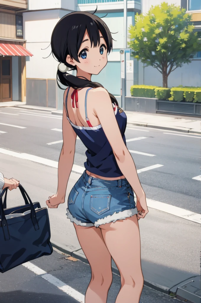  solo, 1girl, tamako kitashirakawa, , looking at viewer, smile, ,,outdoor,socks,camisole,denim shorts,((ass)),from back